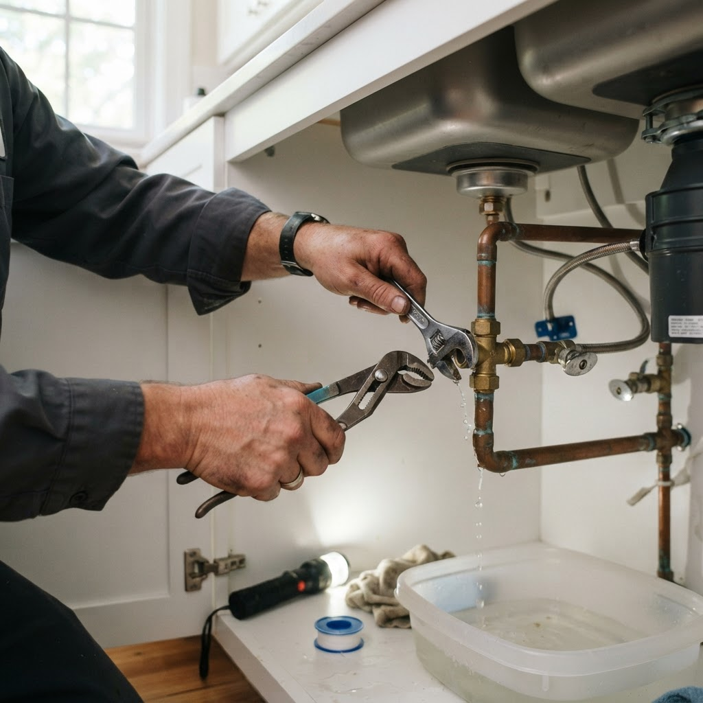 Plumber's hands tightening a pipe fitting to fix a leak