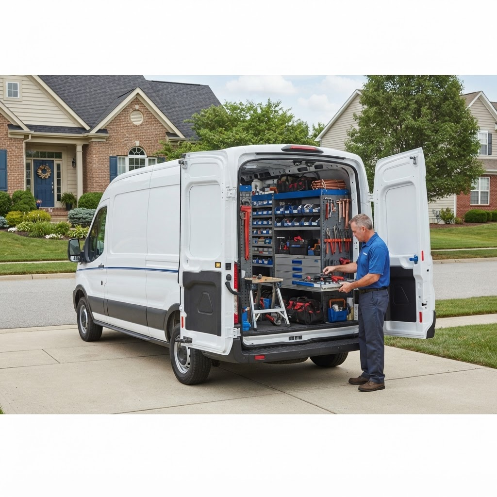Plumbing service van ready for a sump pump service call