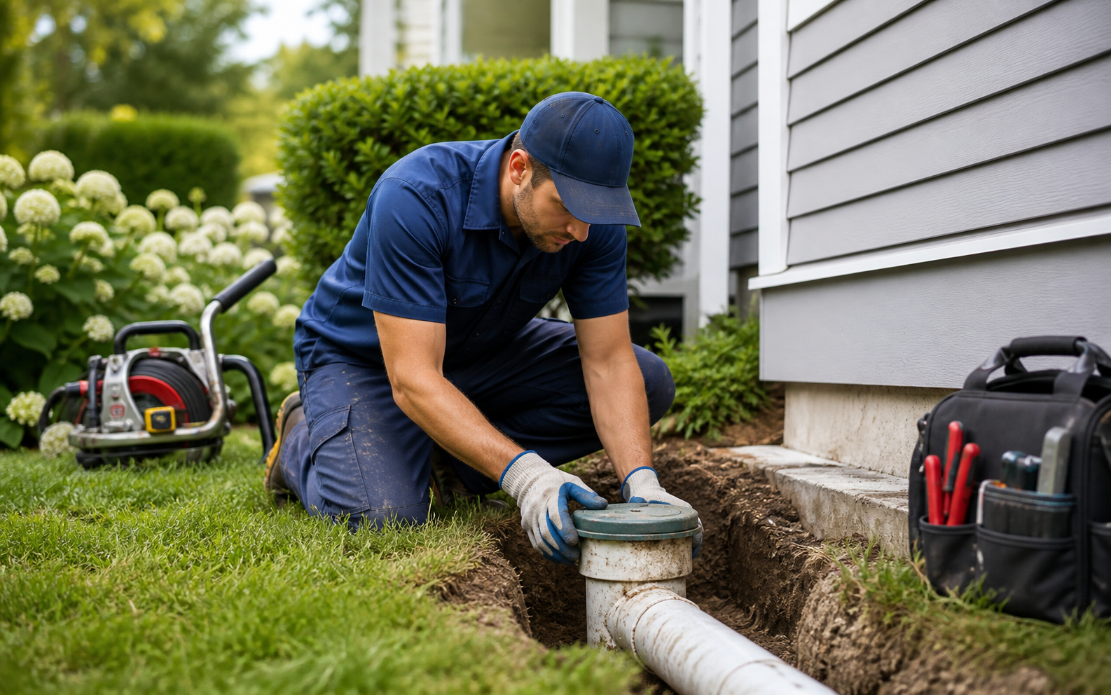 Plumber inspecting a residential sewer line cleanout in a yard