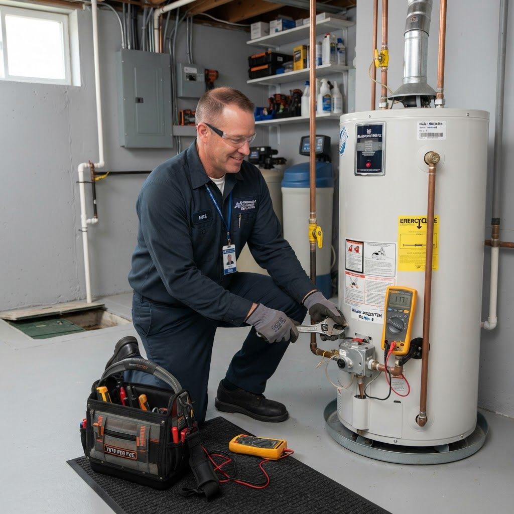 Technician repairing a residential water heater tank